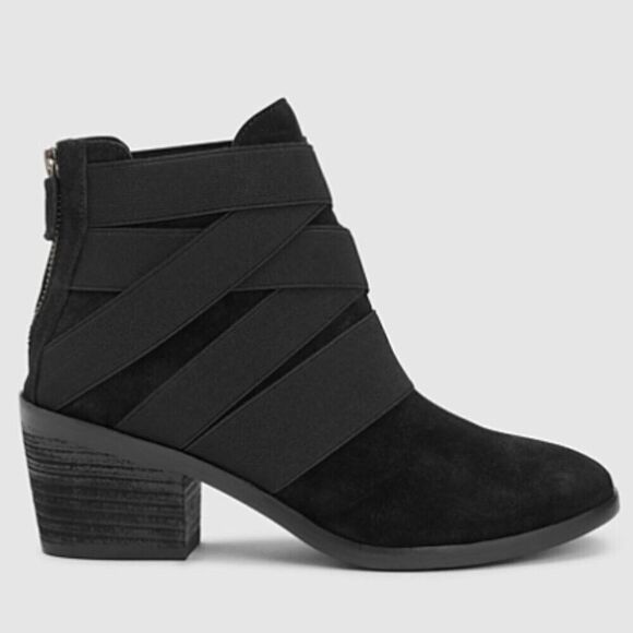 Eileen Fisher Boots Sz 6.5 Suede Black Willis Elastic Cross Straps Ankle Bootie - Picture 1 of 11
